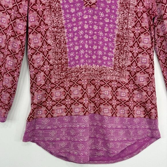 Lucky Brand Pink Red Boho Bandana Print Jersey Knit V Neck Pullover Festival Top - Picture 8 of 15